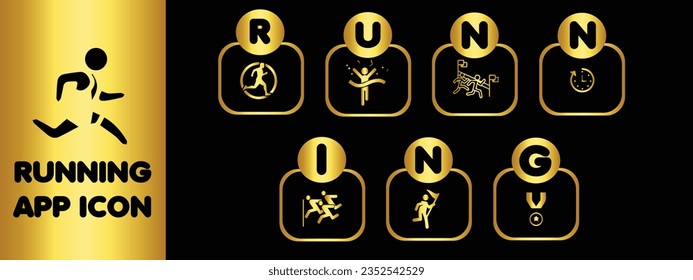 Running App Icon set Design With Golden Gradient Color And Black Background