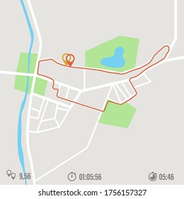 running app map tracking vector. watch band vs mobile. fitness health screen range speed distance. run application mockup. illustration gym