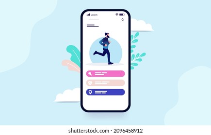 Running app on smartphone - Device screen with training application and abstract tasks. Vector illustration
