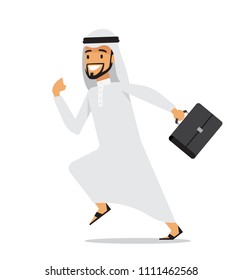 Running arabic business man with briefcase. Vector character design.