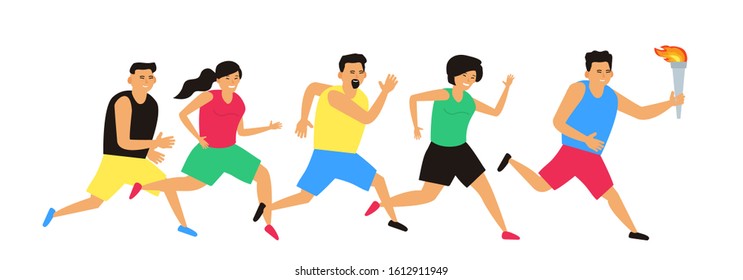 running asian people with torch sport games concept