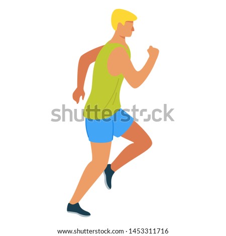 Running athlete flat vector illustration. Sprinter, runner, athletic man
cartoon character. Young sportsman jogging.  Exercise and athletics. Sport training isolated design element