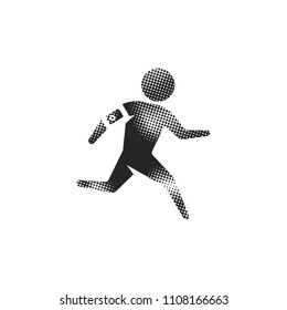 Running athlete icon in halftone style. Black and white monochrome vector illustration.