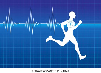 Running athlete on monitor with line of heartbeat.