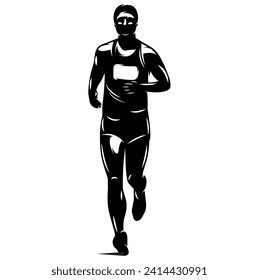 Running athlete participating in a marathon. Vector monochrome illustration.