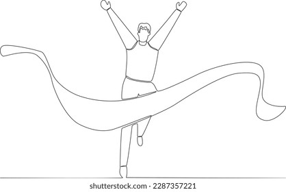A running athlete raises his happy hand on the track. Finish line one-line drawing