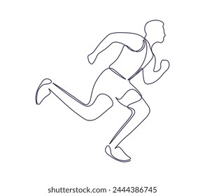 Running athlete in single continuous line. Dynamic illustration. Young man runner. One line drawing of man. Sprinter. Modern minimalistic illustration on white background.