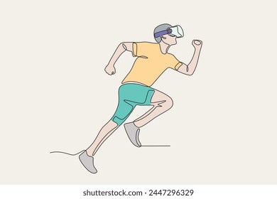 Running athlete using vr glasses.colored.Future athletes one-line drawing