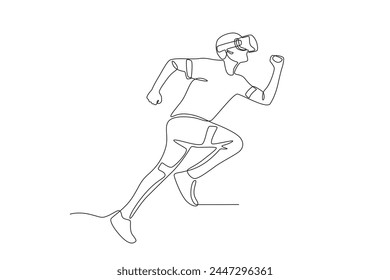 Running athlete using vr glasses.Future athletes one-line drawing