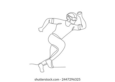 Running athlete wearing vr glasses helmet.Future athletes one-line drawing