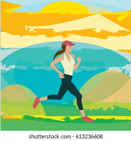 Running athlete woman abstract sunny landscape art creative modern vector illustration minimalism flat style