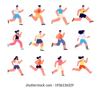 Running athletes characters. Profile jogger, athlete man jogging. Isolated athletic men run, sport exercise. Outdoor active people utter vector set