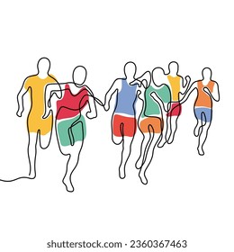 Running athletes continuous line colourful vector illustration