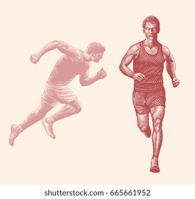 Running athletes. Design set. Hand drawn engraving. Vector vintage illustration. Isolated on white background. 8 EPS