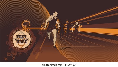 Running athletes at the stadium&decorative medallion for text & grunge ,floral ornaments