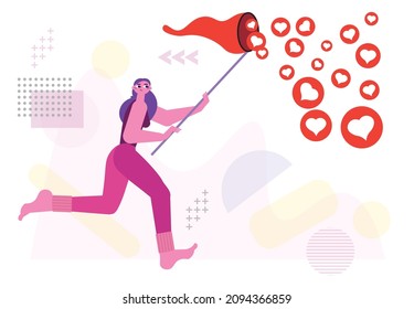 running athletic girl collecting social media heart buttons in a butterfly net. Trendy modern flat character design. Influencer catches likes. Vector illustration