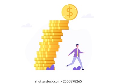 Fugindo do conceito de pilha de moedas em colapso. Ilustração vetorial.