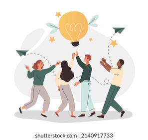 Running away idea. Men and girls launch projects, innovations and start ups. Brainstorming and creative personalities, teamwork in company, flying light bulb. Cartoon flat vector illustration