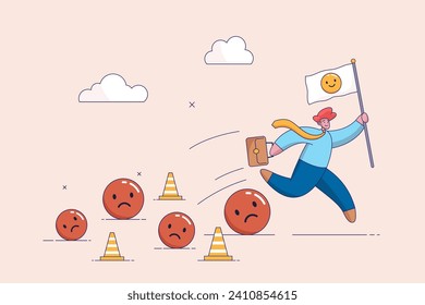 Running away from negative emotions concept. Stressful burden, anxiety or negative thinking, anger or emotional cause of problem, mental health or depression. Businessman running away from depression.