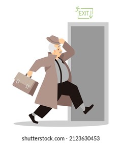 Running away from paparazzi semi flat RGB color vector illustration. Mass media occupation. Old man hurrying to building exit isolated cartoon character on white background