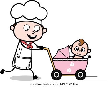 Running with Baby Stroller - Cartoon Waiter Male Chef Vector Illustration