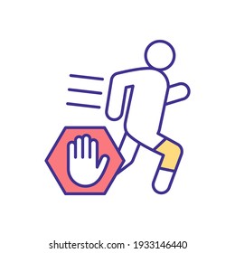 Running With Bad Knee RGB Color Icon. Kneecap, Ligaments Damage. Running Injury Prevention. Stress Fracture. Overuse Injury In Sports. Aches And Pains In Body. Isolated Vector Illustration