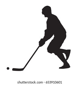 Running ball hockey player, summer hockey, vector silhouette. Street hockey