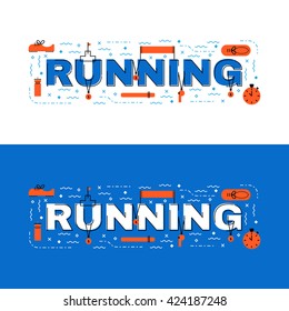 Running banner, running lettering flat line design with icons and elements for book cover, report header, presentation,illustration, infographics, printing, website banner and landing page.
