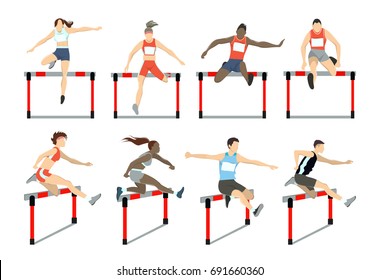 Running with barrier set. Steeplechase with women and men.