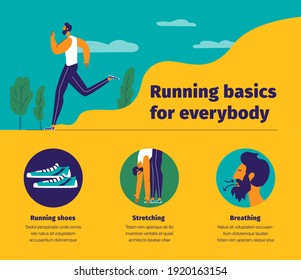Running basics instructions with space for headline and texts. Running Infographics. Start with running concept. Flat design illustration in vivid colors.