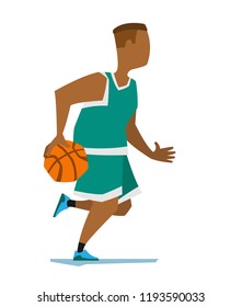 Running basketball player with the ball. Vector illustration of a black player in green uniform.