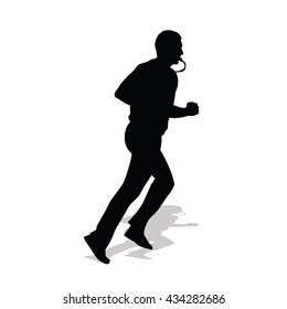 Running basketball referee. Whistle in mouth. Vector silhouette. Shadow