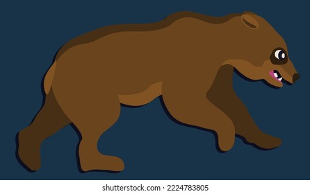 Running bear. Vector illustration on dark blue background. Wild bear with opened mouth, big tooth. Hunter. Wildlife concept.