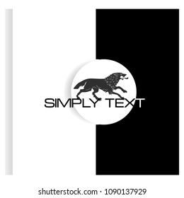 Running beast. Black and white background. Ferocious predator. White circle with text. Vector symbol. Emblem, sticker. Vector image with text on contrasting background.