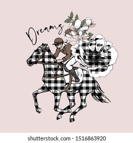 The running beautiful checkered horse, rider and anemone flowers on a light pink background. Romantic card, t-shirt composition, hand drawn style print. Vector illustration.