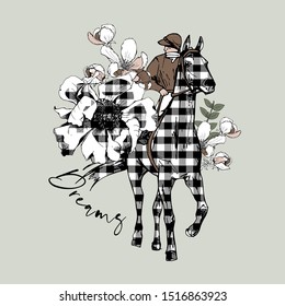 The running beautiful checkered horse, rider and anemone flowers on a light green background. Romantic card, t-shirt composition, hand drawn style print. Vector illustration.