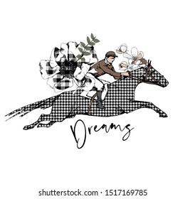The running beautiful checkered (houndstooth) horse, rider and anemone flower. Romantic card, t-shirt composition, hand drawn style print. Vector illustration.