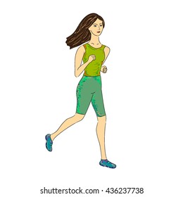 Running beautiful healthy girl. Colorized sketch. Vector illustration for printing, web site, textile, poster, flyer, banner, magazine, presentation, logo.