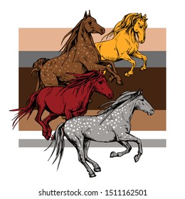 The running beautiful red, brown, gray and yellow horses on a striped background. Art composition, hand drawn style print. Vector illustration.