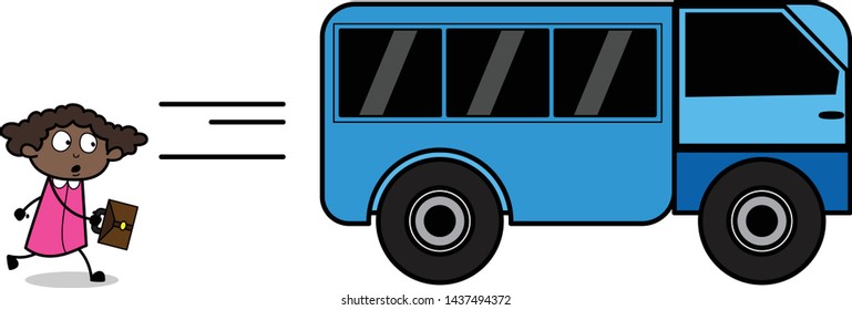 Running Behind Bus - Retro Black Office Girl Cartoon Vector Illustration