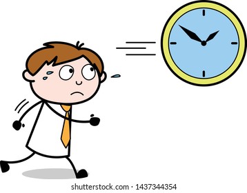 Running to Behind Time to Catch It - Office Salesman Employee Cartoon Vector Illustration