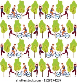 Running, bicycle, walk. Vector seamless pattern with active young people. Healthy lifestyle. Design elements. For printing on wrappers, packages, Wallpaper.