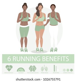 Running black beautiful girl, jogging women, cardio exercise flat Illustration. Health care infographic. 6 Benefits of running 