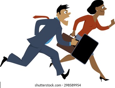 Running black businesswoman passing a Caucasian businessman, vector illustration, isolated, EPS 8