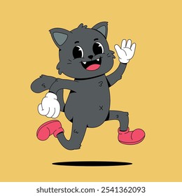 Running black cat in retro cartoon style