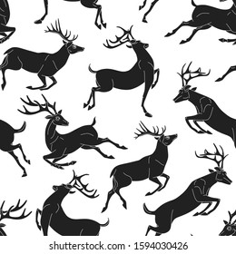 Running black deer with a white outline. Seamless pattern with horned deers in antique style.