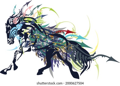 Running black horse colorful splashes with arrows elements on white. Horse in motion for prints on T-shirts, sport emblems, tattoos, textiles, wallpaper, stikers, etc. Eagle head inside the horse