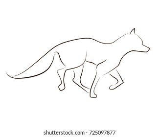 Running black line fox on white background. Hand drawing vector graphic animal.