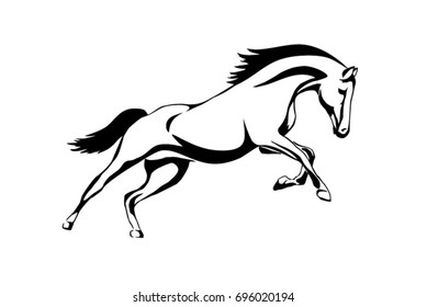 Running black line horse on white background. Vector graphic icon animal.