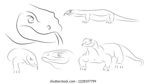 Running black line varan, dragon Komodo, on white background. Sketch style. Vector graphic icon animal.